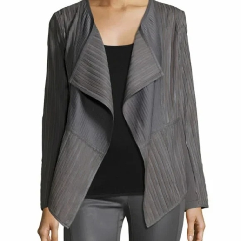 My Tribe Cascade Draped Leather Jacket Open Front Ribbed Detail Gray Medium